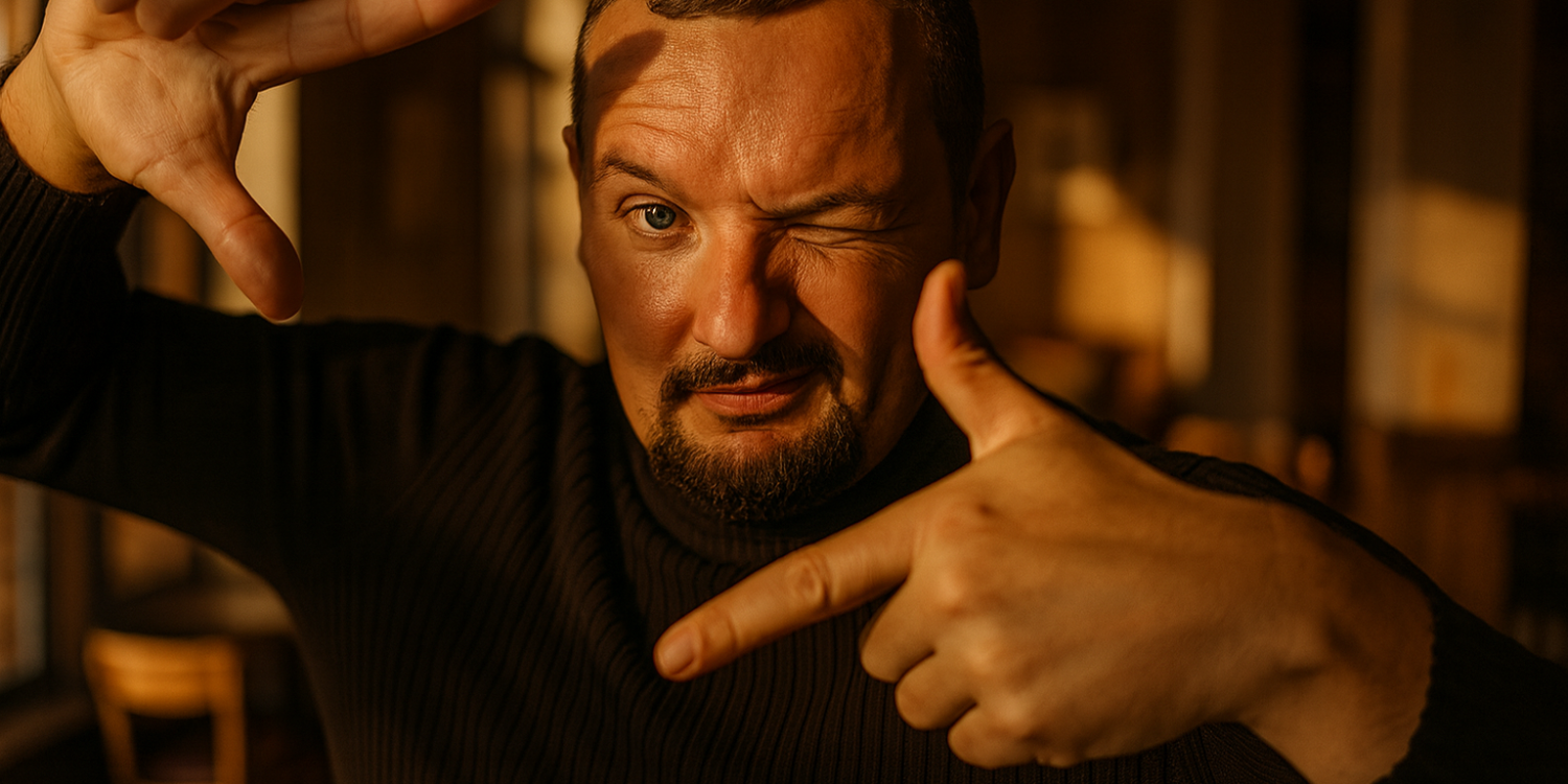 Cinematic portret v kavarni – moč zlate ure in hiperrealizma